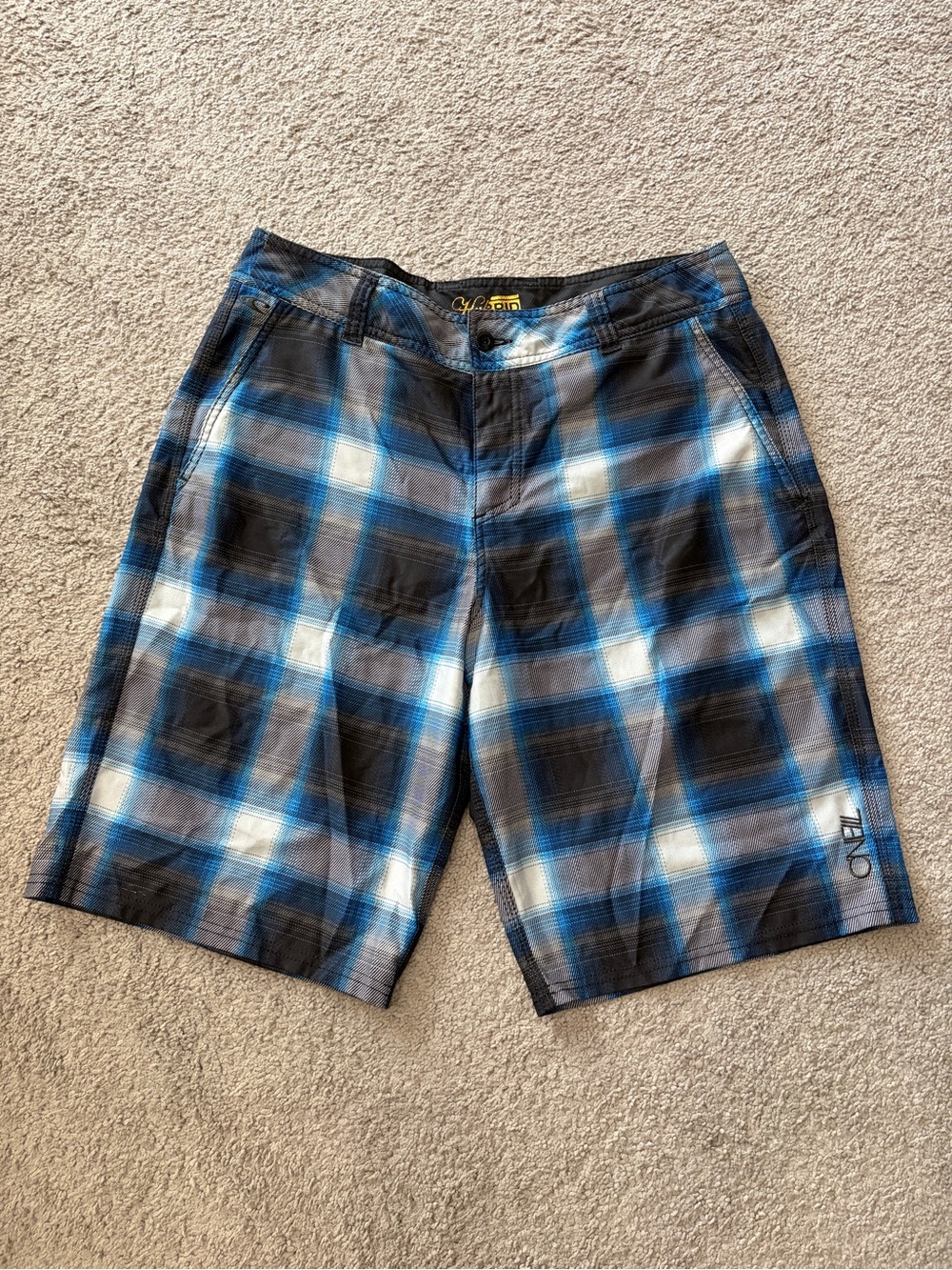 O'Neill Blue Black White Plaid Board Hybrid Shorts